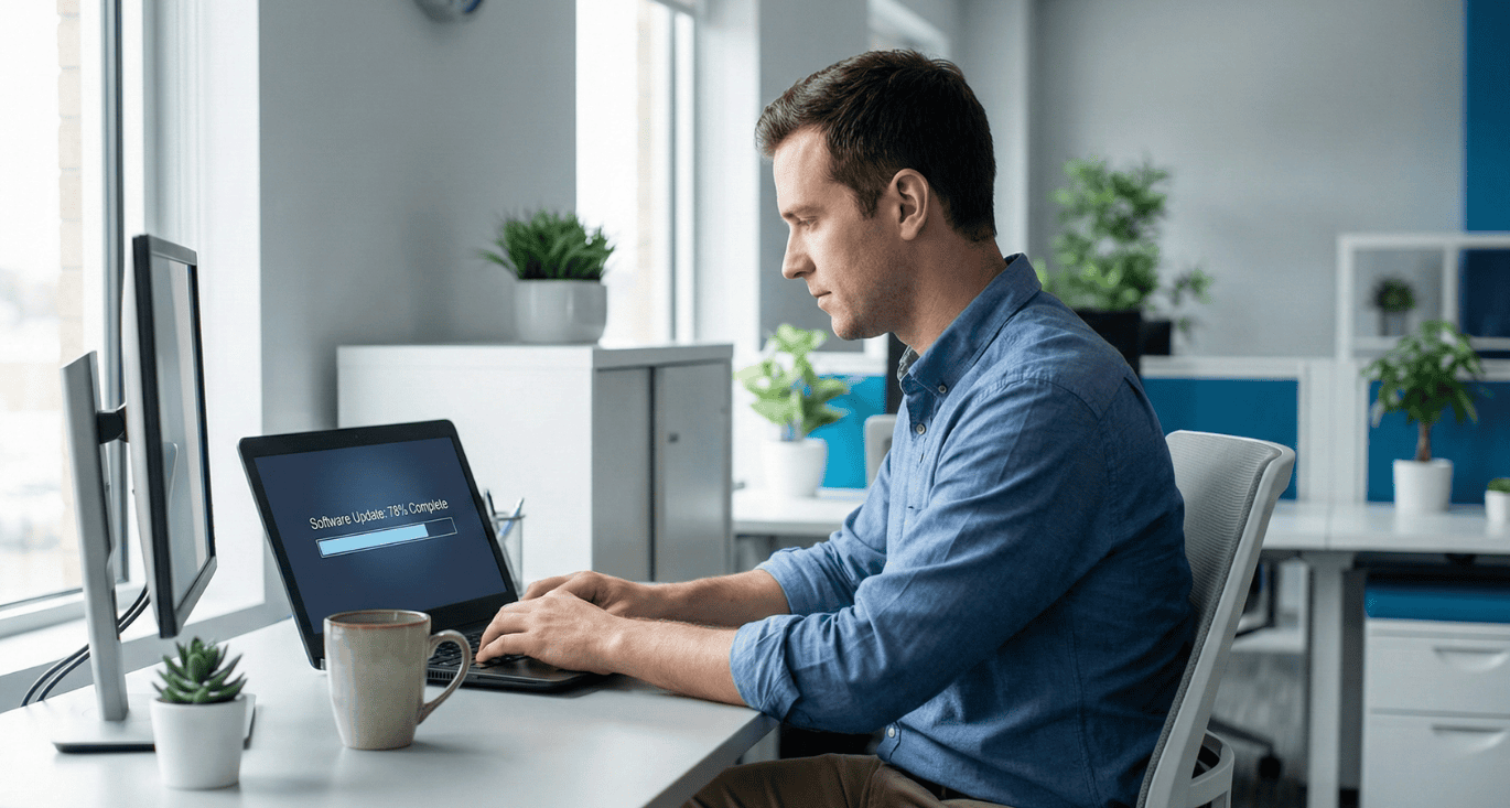 Een ondernemer die een kritieke software update uitvoert op zijn laptop ter preventie van cyberaanvallen en voor goed patch management binnen zijn KMO.