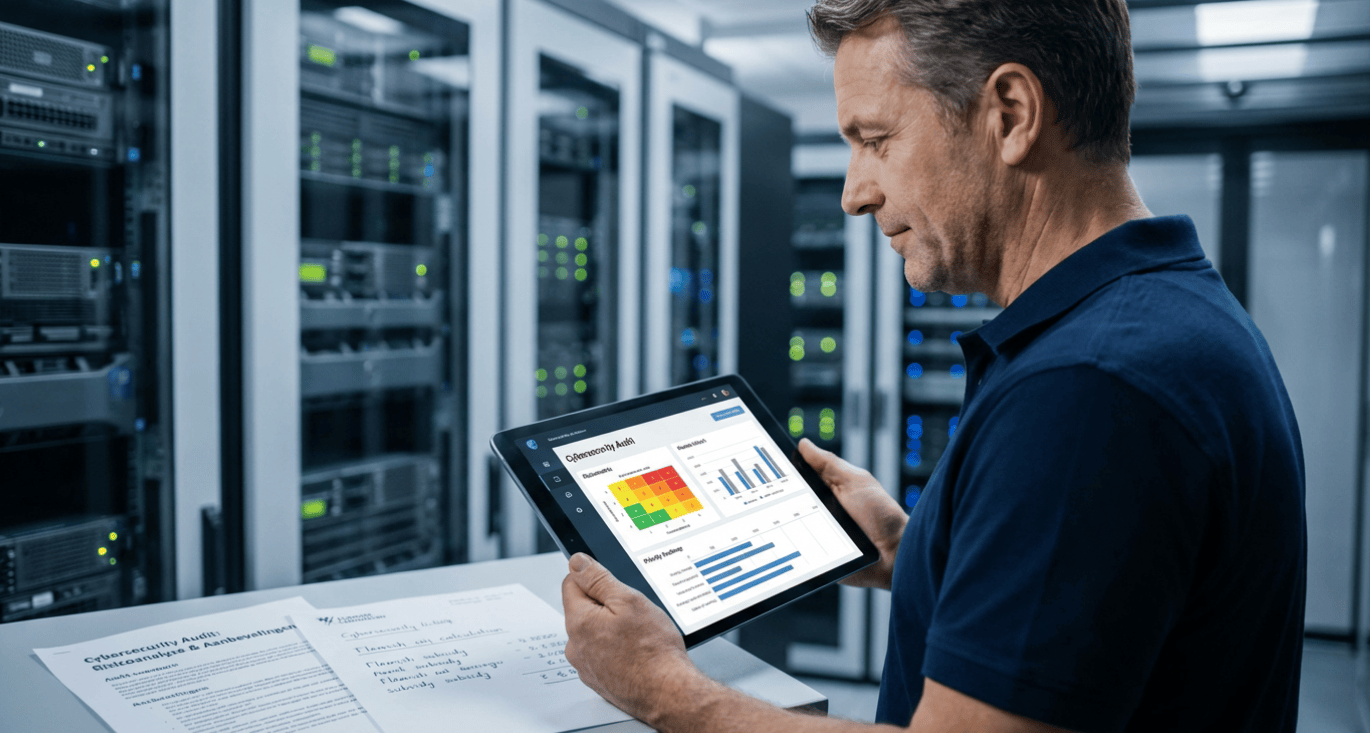 Een IT-professional bekijkt geconcentreerd een risicomatrix en roadmap op een tablet in een serverruimte, wat de strategische waarde en inzichten van een cybersecurity audit voor KMO's illustreert. Cyberplan