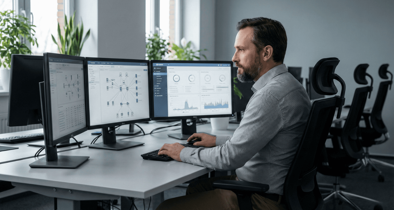 IT-professional analyseert netwerkverkeer op meerdere schermen in Belgisch kantoor tijdens cybersecurity monitoring