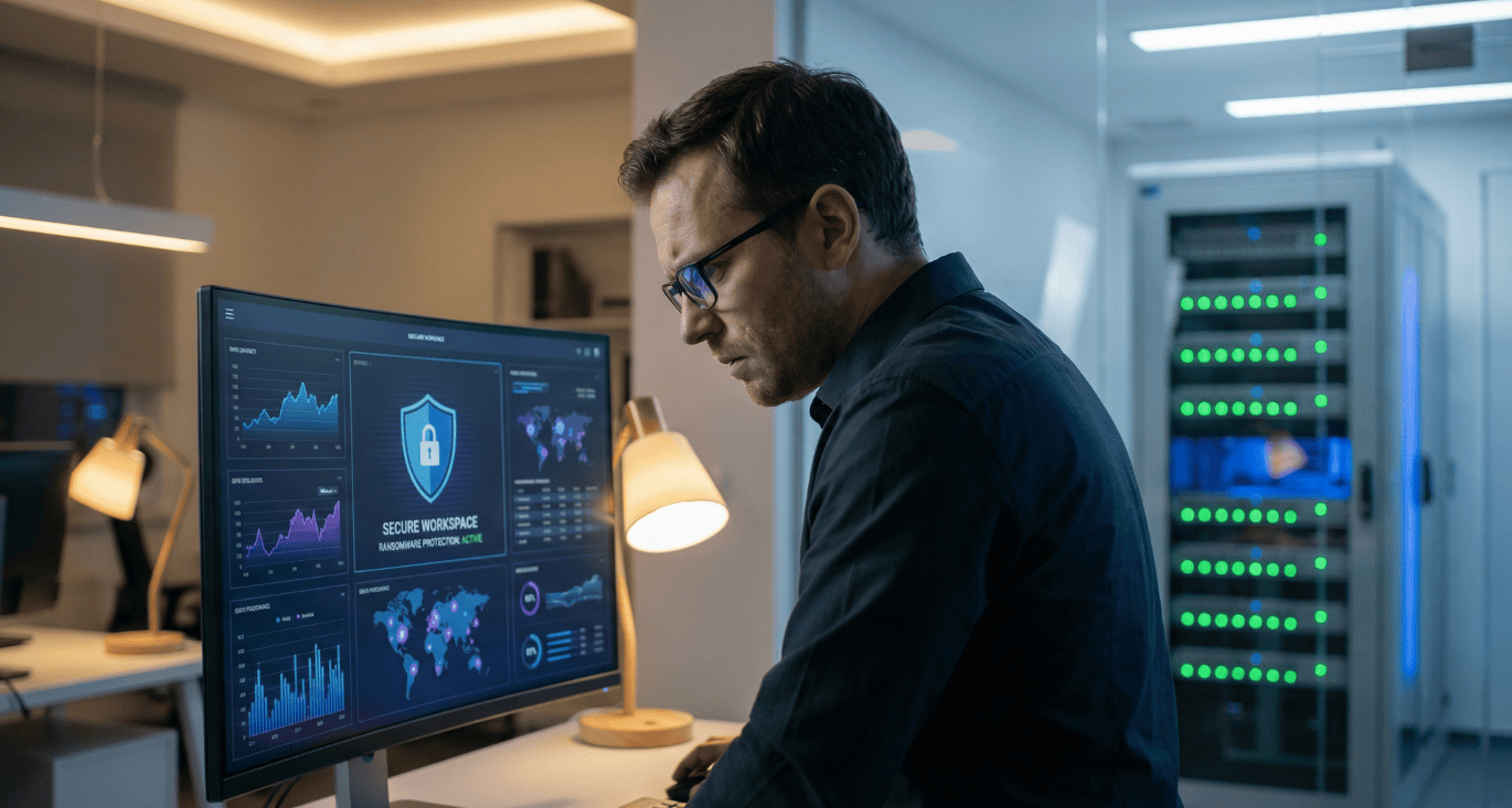 Een IT-specialist analyseert aandachtig een cybersecurity-dashboard met groene serverlichten op de achtergrond, wat de proactieve ransomware bescherming en stabiele netwerkbeveiliging voor KMO's visualiseert.