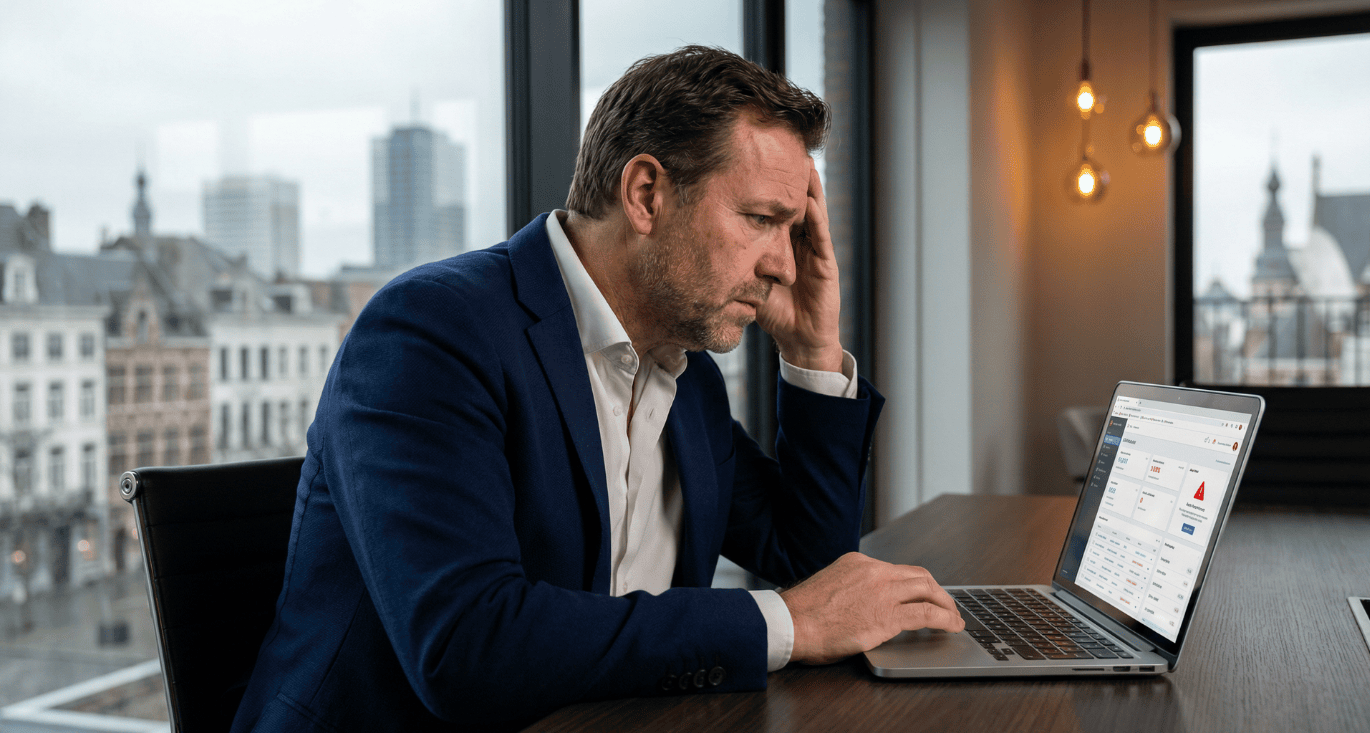 Bezorgde zaakvoerder berekent ransomware kosten voor zijn KMO achter een bureau in een Belgisch kantoor